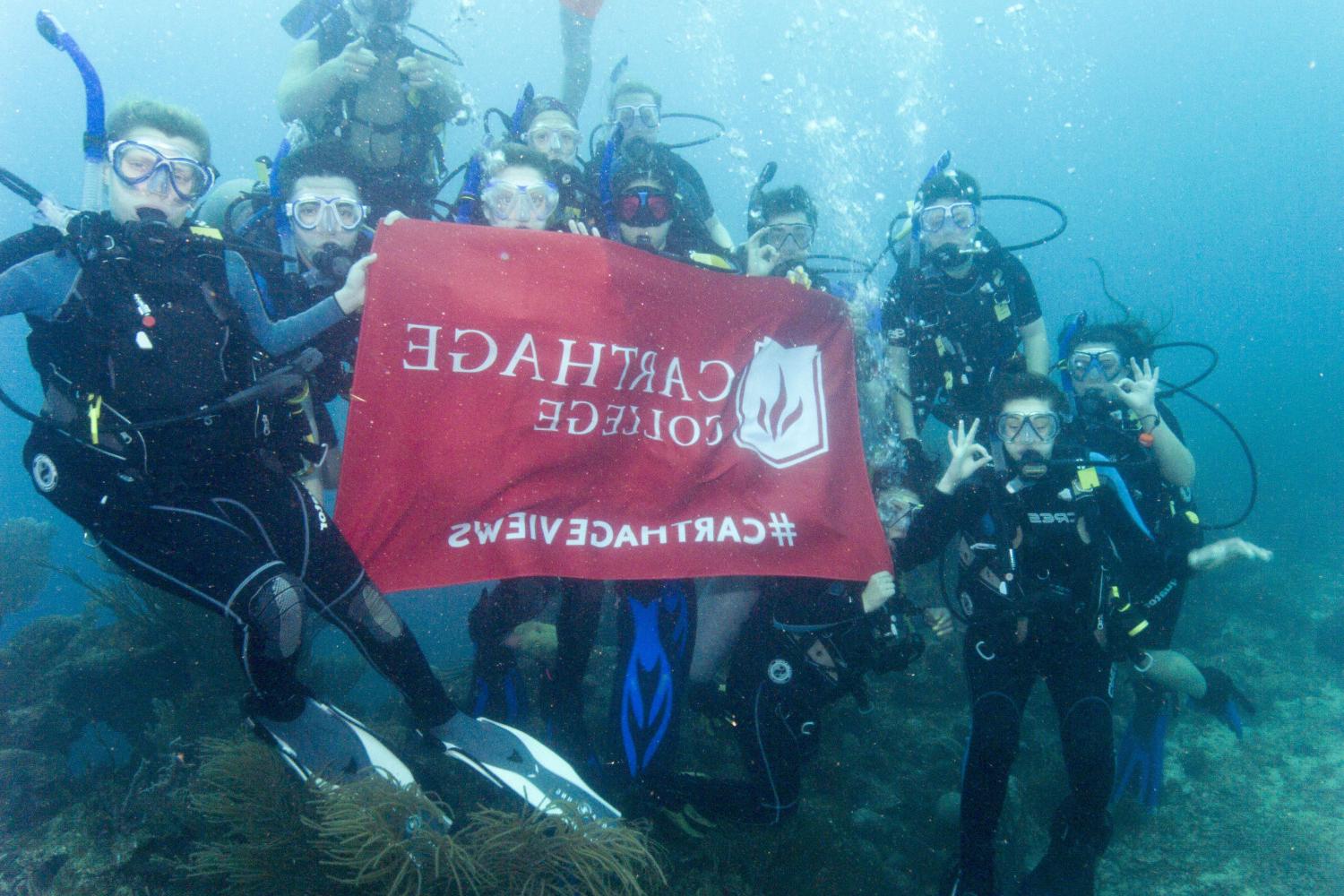 学生们手持<a href='http://zv.jkchealthtech.com'>bv伟德ios下载</a>旗帜，在j学期洪都拉斯游学之旅中潜水.
